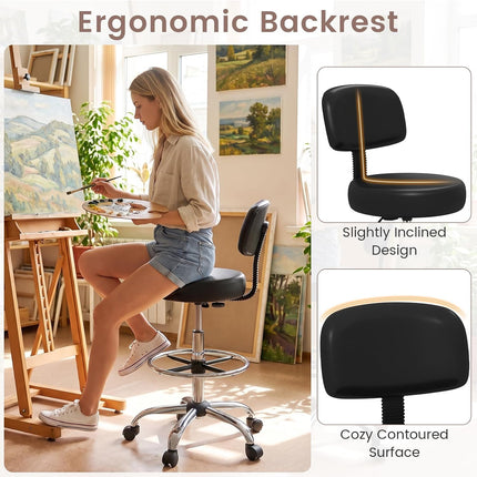 Dreamade Drafting Chair with Back, Adjustable Foot Rolling Stool with Wheels | PVC Leather Tall Office Chair w/ Thickened Cushion