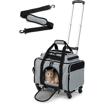 Dreamade Top-Expandable Pet Carrier with Wheels for Small Cat & Dog (Black) | Foldable Rolling Pet Bag with Telescopic Handle