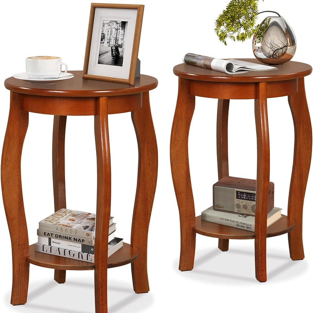 Dreamade 2-Tier End Table, Narrow Tiered Telephone Table with Storage Shelf, Solid Wood Legs