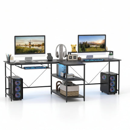 Dreamade 94.5” 2 Person Desk with LED Lights, Long PC Study Desk with Storage Shelves, Power Outlets