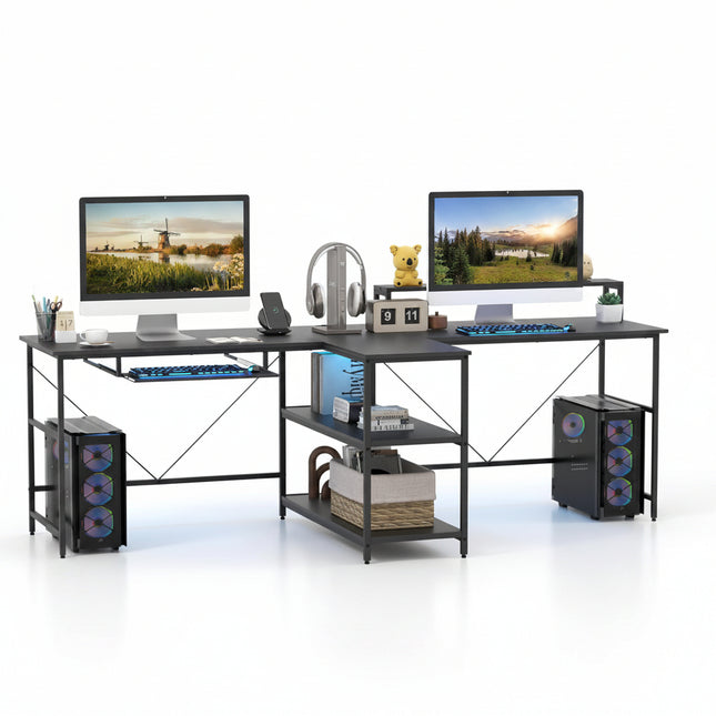 Dreamade 94.5” 2 Person Desk with LED Lights, Long PC Study Desk with Storage Shelves, Power Outlets