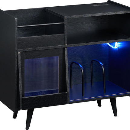 Dreamade Large Record Player Stand with LED Light& Sliding Door