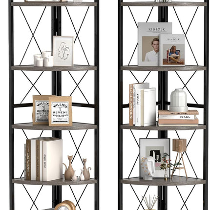 Dreamade 5-Tier Corner Shelf, 63" Tall Corner Bookshelf, Freestanding Storage Rack w/Metal Frame