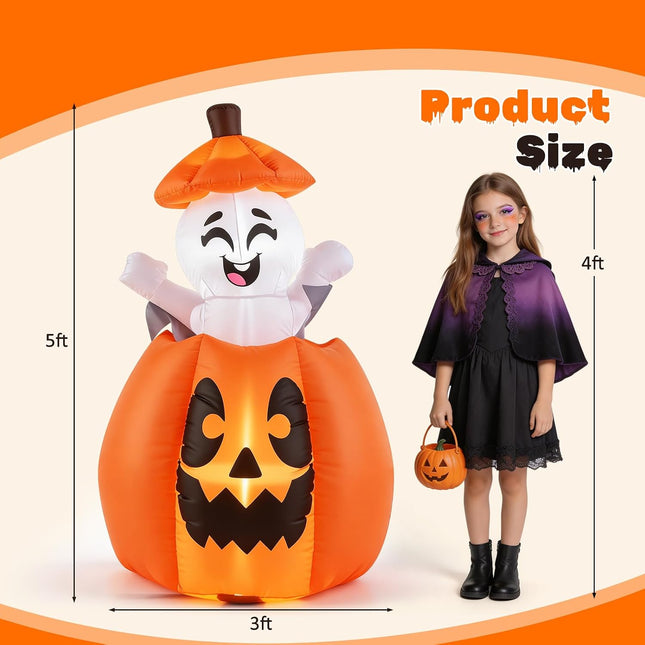 DREAMADE 5FT Animated Halloween Inflatable Rising Cute Ghost in Pumpkin