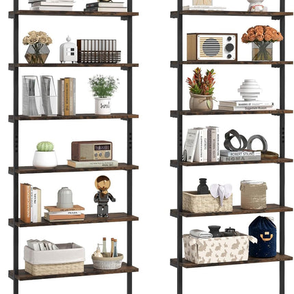 Dreamade 6-Tier Ladder Shelf, 72" Wall Mounted Bookshelf with Metal Frame, Industrial Open Storage Shelves