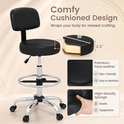 Dreamade Drafting Chair with Back, Adjustable Foot Rolling Stool with Wheels | PVC Leather Tall Office Chair w/ Thickened Cushion