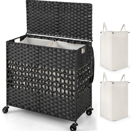 Dreamade Laundry Hamper with Wheels and Lid, 33 Gal (125L) Wicker Laundry Basket, 2 Removable Liner Bags