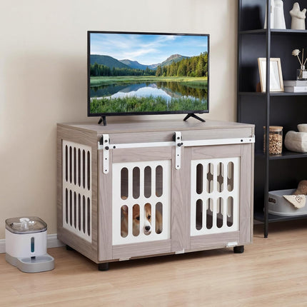 Dreamade 31.5" Dog Crate Furniture with Barn Door for Small Medium Dogs | Farmhouse Wooden Dog Kennel