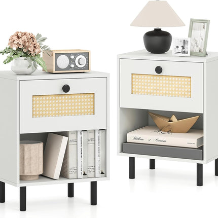 Dreamade Rattan Nightstand Boho End Table with Rattan Drawer and Open Shelf