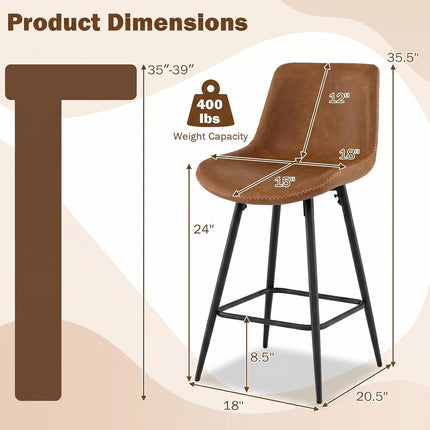 Dreamade 24 Inch Faux Leather Upholstered Bar Stools Set of 2 | Counter Height Barstool with Backs & Footrests