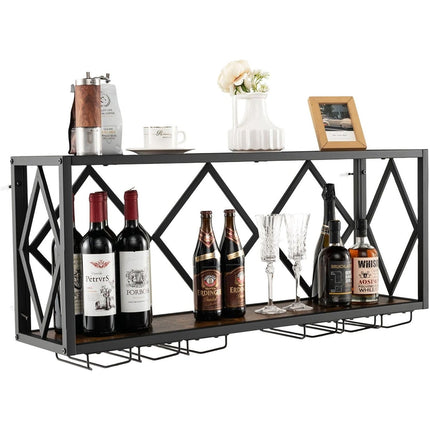 Dreamade Wall Mounted Wine Rack, Wine Display Shelf w/Wine Bottle Rack & 6 Rows of Stemware Holder