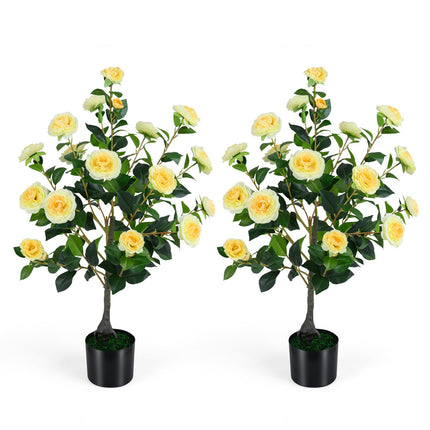 Dreamade 35.5" Artificial Camellia Tree Faux Floral Plant Blooming Tree in Cement Pot