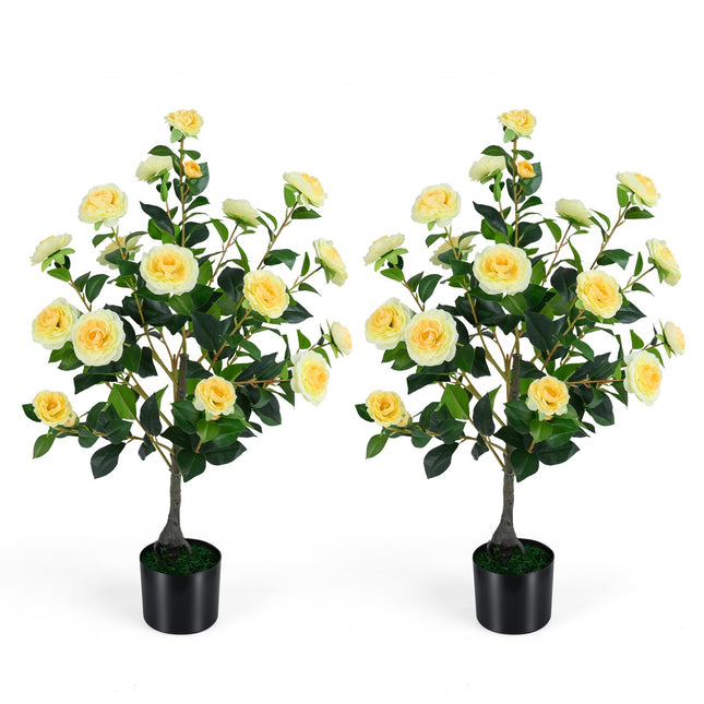 Dreamade 35.5" Artificial Camellia Tree Faux Floral Plant Blooming Tree in Cement Pot