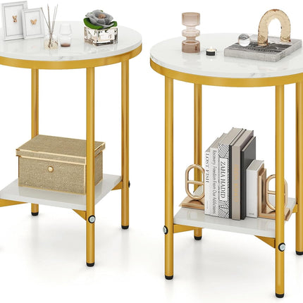 Dreamade Round Side Table 2-Tier Faux Marble Sofa Side Coffee Table w/Gold Frame & Open Shelf