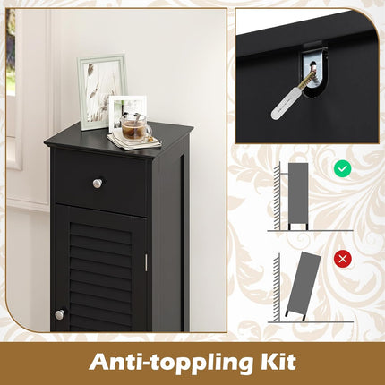 Dreamade Bathroom Floor Storage Cabinet with Door and Drawer, Black | Freestanding Side Cabinet with 3-Height Adjustable Shelf