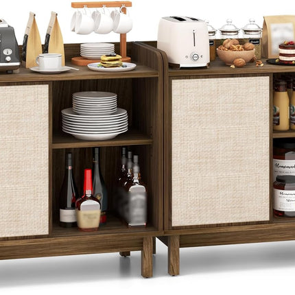 Dreamade Sideboard Cabinet, Farmhouse Buffet Storage Cabinet with Sliding Rattan Door, 2 Adjustable Shelves