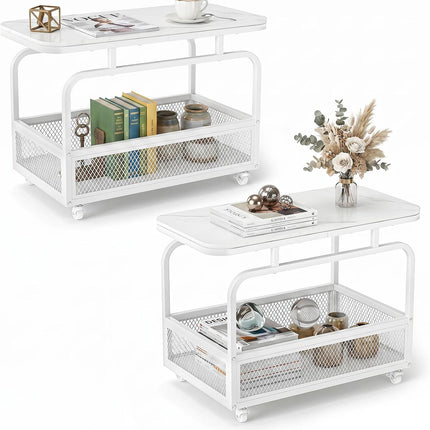 Dreamade Rolling Side Table | 2-Tier End Table with Mesh Storage Basket (1/2)