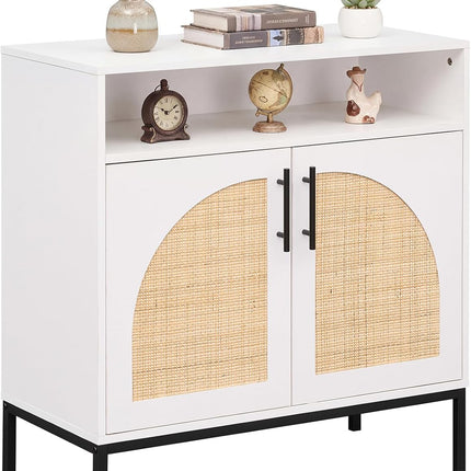Dreamade 32" Sideboard Buffet Cabinet with 2 Natural Rattan Decorated Doors (1/2)