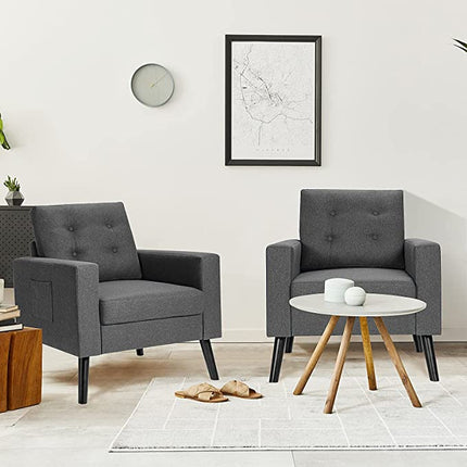 Linen Fabric Armchairs with Side Pockets and Wood Legs, Set of 2 - Dreamade