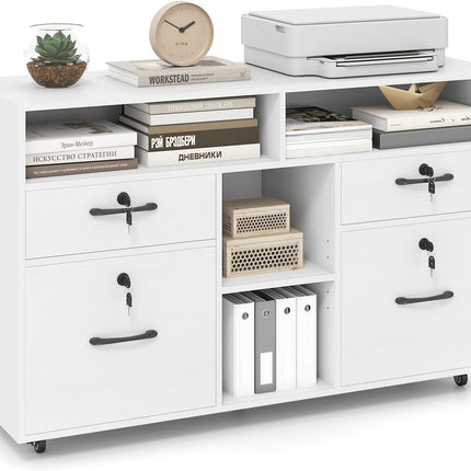 Dreamade 4-Drawer Lateral File Cabinet with Lock & 5 Rolling Wheels (2 Lockable)