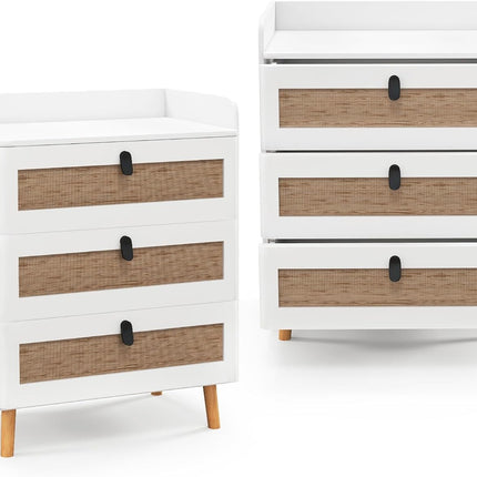 Dreamade Rattan Nightstand, Boho 2/3-Drawer Dresser with 4 Solid Wood Legs