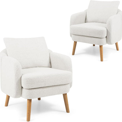 Dreamade Sherpa Accent Chair, Modern Upholstered Single Sofa Chair with Back Pillow & Solid Rubber Wood Legs