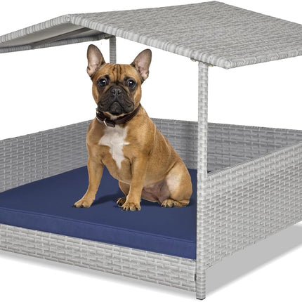 Dreamade Wicker Dog House, Raised Rattan Dog Bed with Roof, Removable Cushion and Steel Frame