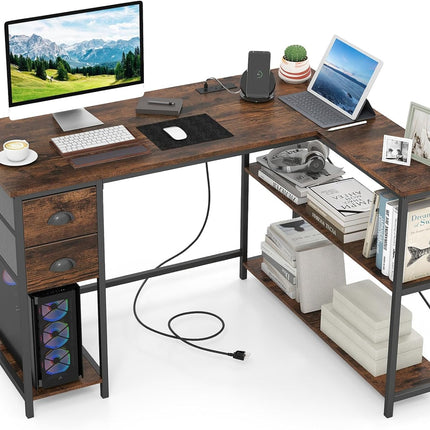Dreamade 48" L Shaped Desk with Charging Station & 2 Fabric Drawers