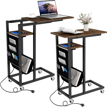 Dreamade C Shaped End Table with Charging Station and Wheels
