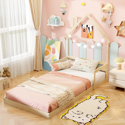 Dreamade Twin Floor Bed for Kids, Wood Montessori Floor Bed with Chimney Headboard & Handrail