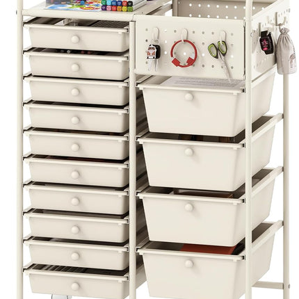 Dreamade 14 Drawer Storage Cart | Rolling Craft Cart with Metal Tabletop & Pegboard