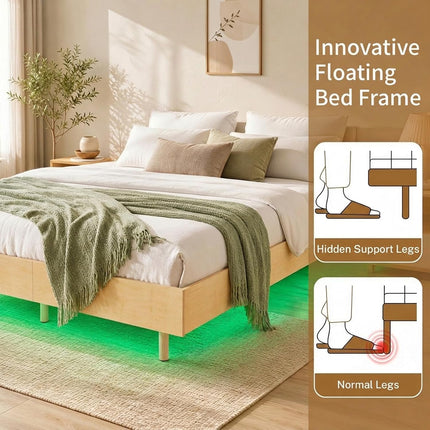 Dreamade Wood Floating Bed Frame Queen Size with Smart LED Light, Natural | Modern Platform Bed w/Heavy Duty Mattress Foundation