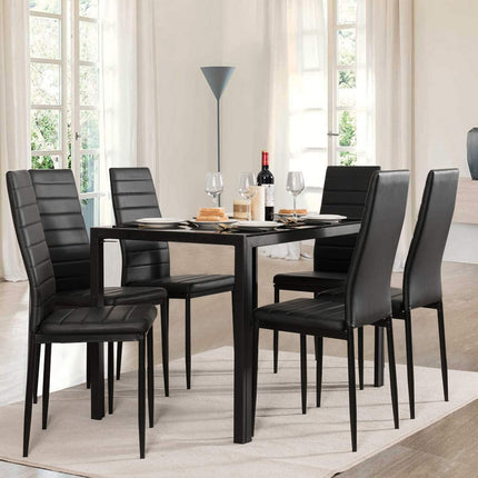 Dreamade Kitchen Dining Table Set, Glass Tabletop Dining Room Set with Leather Padded 6 Chairs, Black