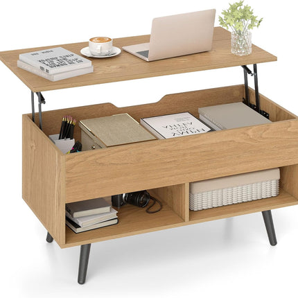 Dreamade Lift Top Coffee Table Modern Cocktail Table w/Hidden Compartment & 2 Open Shelves