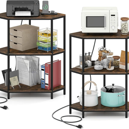 Dreamade Corner Printer Stand 3-Tier Corner Shelf with Charging Station and Metal Frame