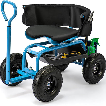 Dreamade Cushioned Rolling Garden Cart Scooter with Storage Basket and Tool Pouch
