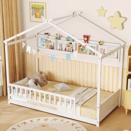 Dreamade Twin Floor House Bed with Storage Shelf, Wood Twin Bed Frames with Headboard & Guardrail
