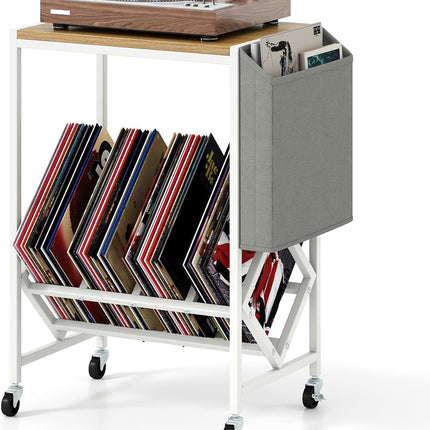 Dreamade Rolling Record Player Stand 2-Tier with Vinyl Storage and Magazine Holder Bag