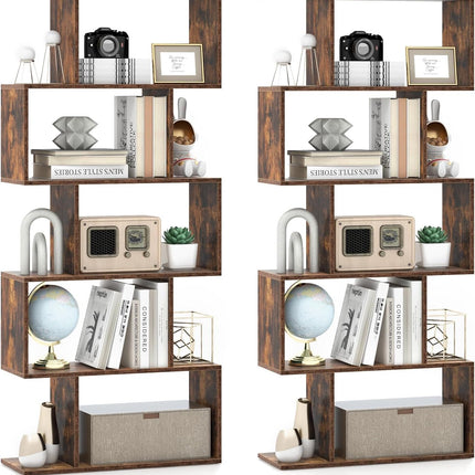 Dreamade 5-Tier Geometric Bookshelf, 62.5" Tall Wood S-Shaped Bookcase with Anti-Tipping Device
