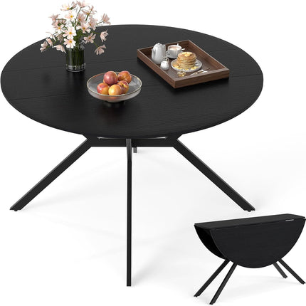 Dreamade Folding Dining Table for 4-6 People 47" Round Drop Leaf Table with Metal Frame