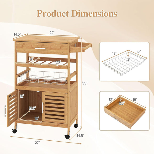 Dreamade 27" Bamboo Kitchen Island Cart with Storage