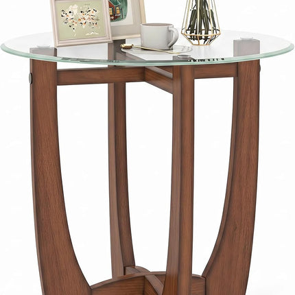 Dreamade Glass End Table, Round Side Table with Rubber Wood Frame & Tempered Glass Top, 23.5" Small Black Coffee Table