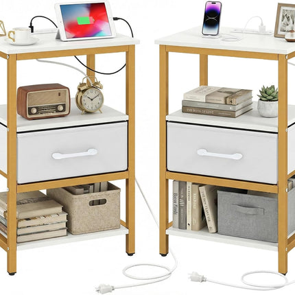 Dreamade Nightstand with Charging Station and Adjustable Fabric Drawer for Bedroom and Living Room