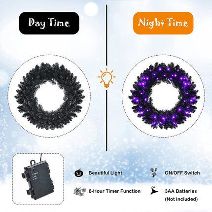 24' Black Halloween Wreath, Pre-lit Artificial Christmas Wreath - DreamadeUS