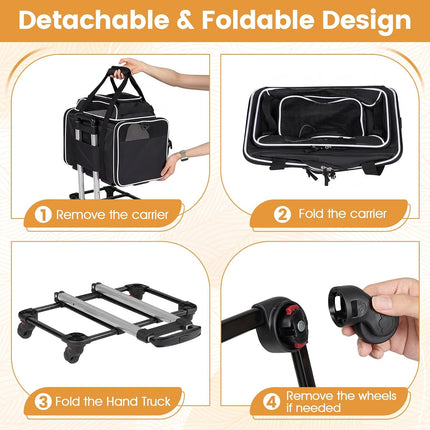 Dreamade Top-Expandable Pet Carrier with Wheels for Small Cat & Dog (Black) | Foldable Rolling Pet Bag with Telescopic Handle