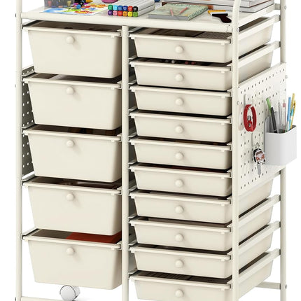 Dreamade 15 Drawer Storage Cart | Rolling Craft Cart with Metal Tabletop & Pegboard