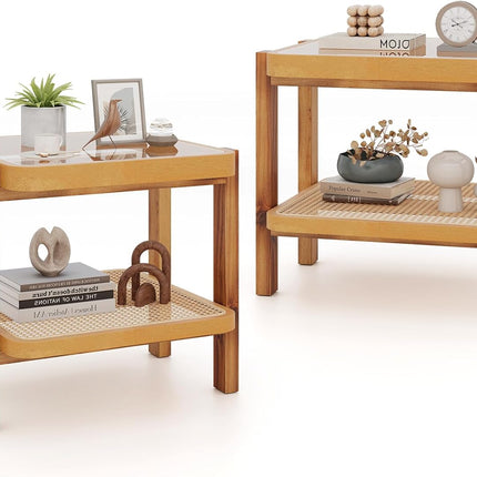 Dreamade Rattan Side Table, Boho End Table for Living Room, Narrow Bedside Table with Tempered Glass Top
