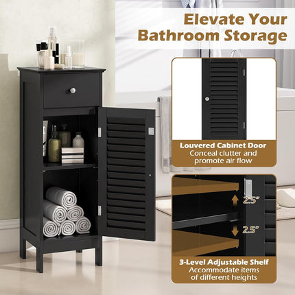 Dreamade Bathroom Floor Storage Cabinet with Door and Drawer, Black | Freestanding Side Cabinet with 3-Height Adjustable Shelf