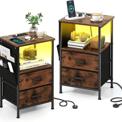 Dreamade Night Stand with Charging Station | LED Sofa End Table w/2 Folding Fabric Drawers