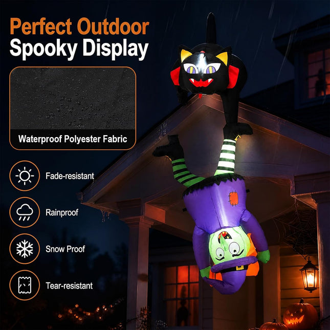 DREAMADE 6.2 FT Halloween Inflatables Black Cat Holding Upside Down Witch